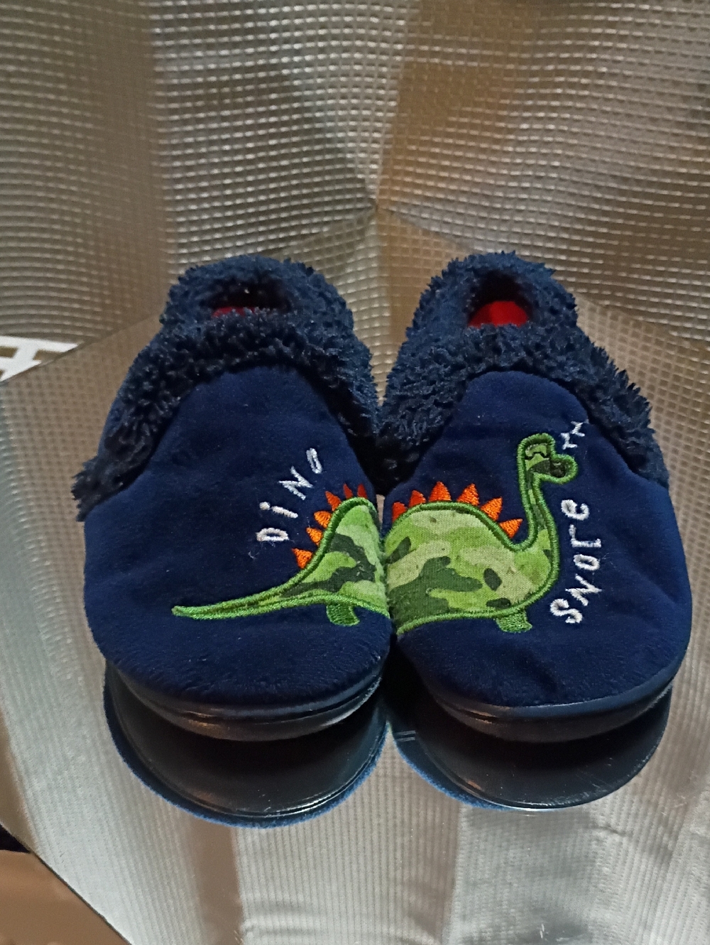 Kids Navy Dino Slippers - Soft Plush Indoor Shoes